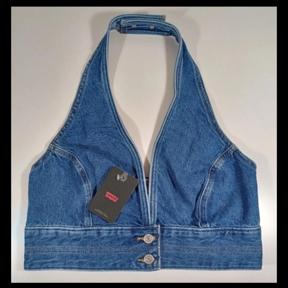 Levi's DAISY Denim JEAN Cowgirl Crop Top HALTER Stretch S110786 SIZE Large NWT - Picture 4 of 13